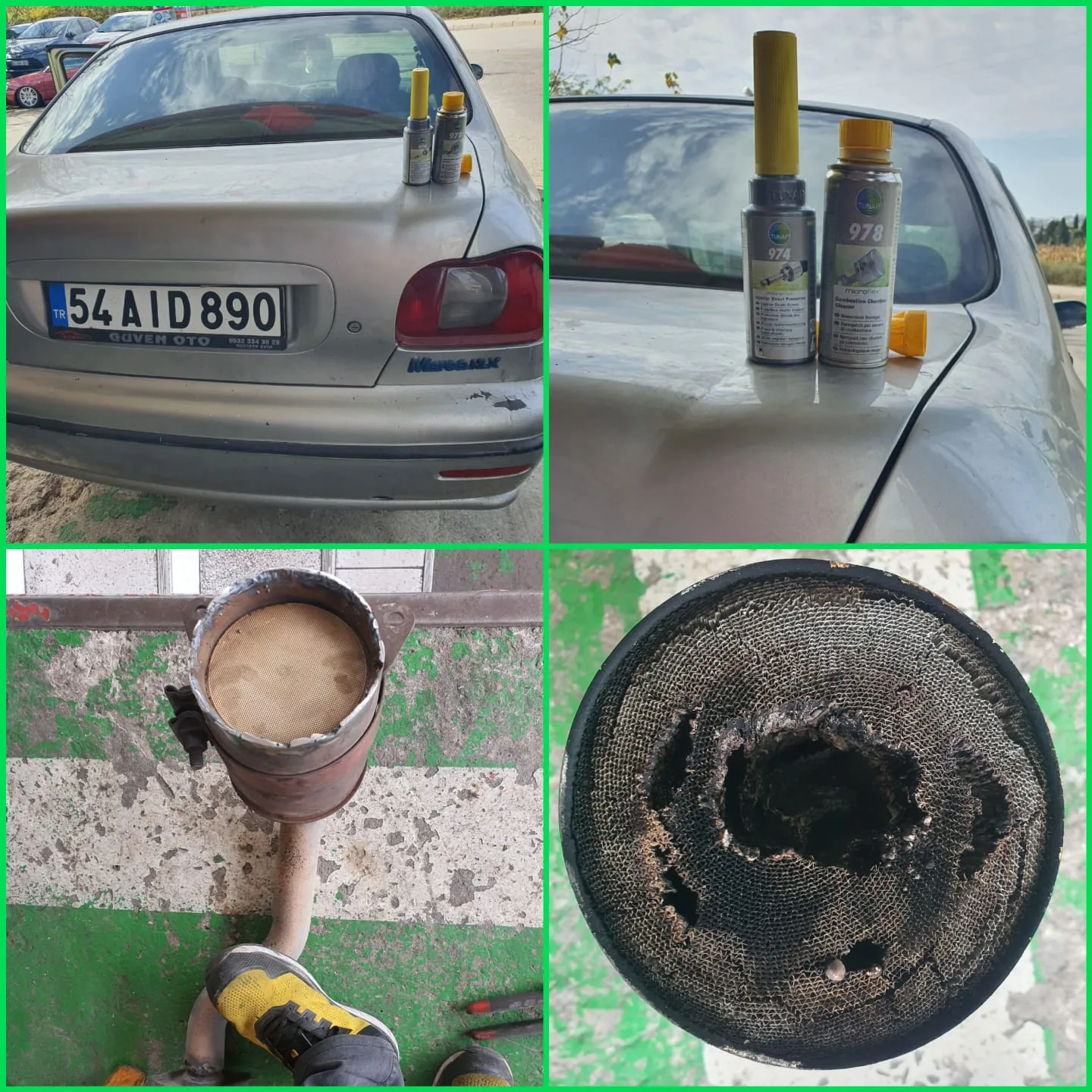Araç yanında sergilenen egzoz parçaları ve iç yapı detayları