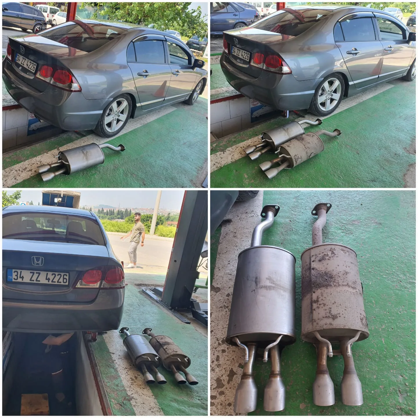 Sedan aracın arka görünümü ile yan yana duran susturucular