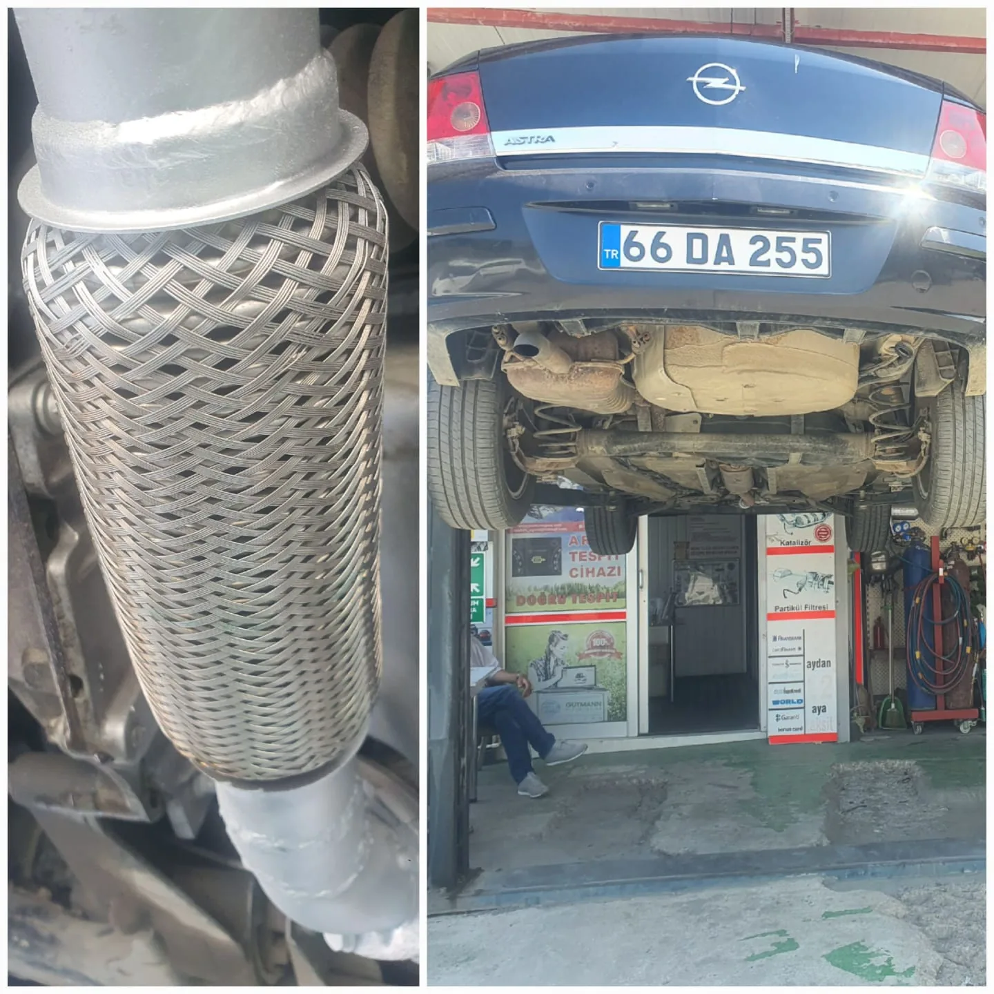 Esnek egzoz bağlantısının yakın planı ve liftteki aracın arka görünümü