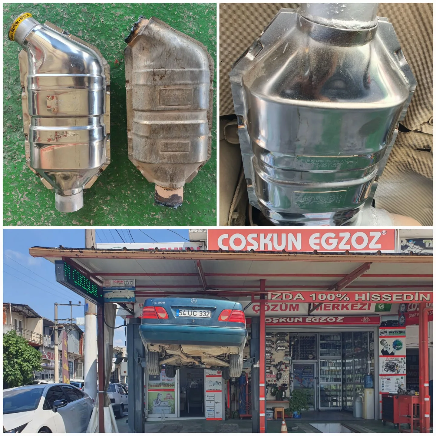 İşletme cephesi ve farklı egzoz bileşenlerinden yakın planlar