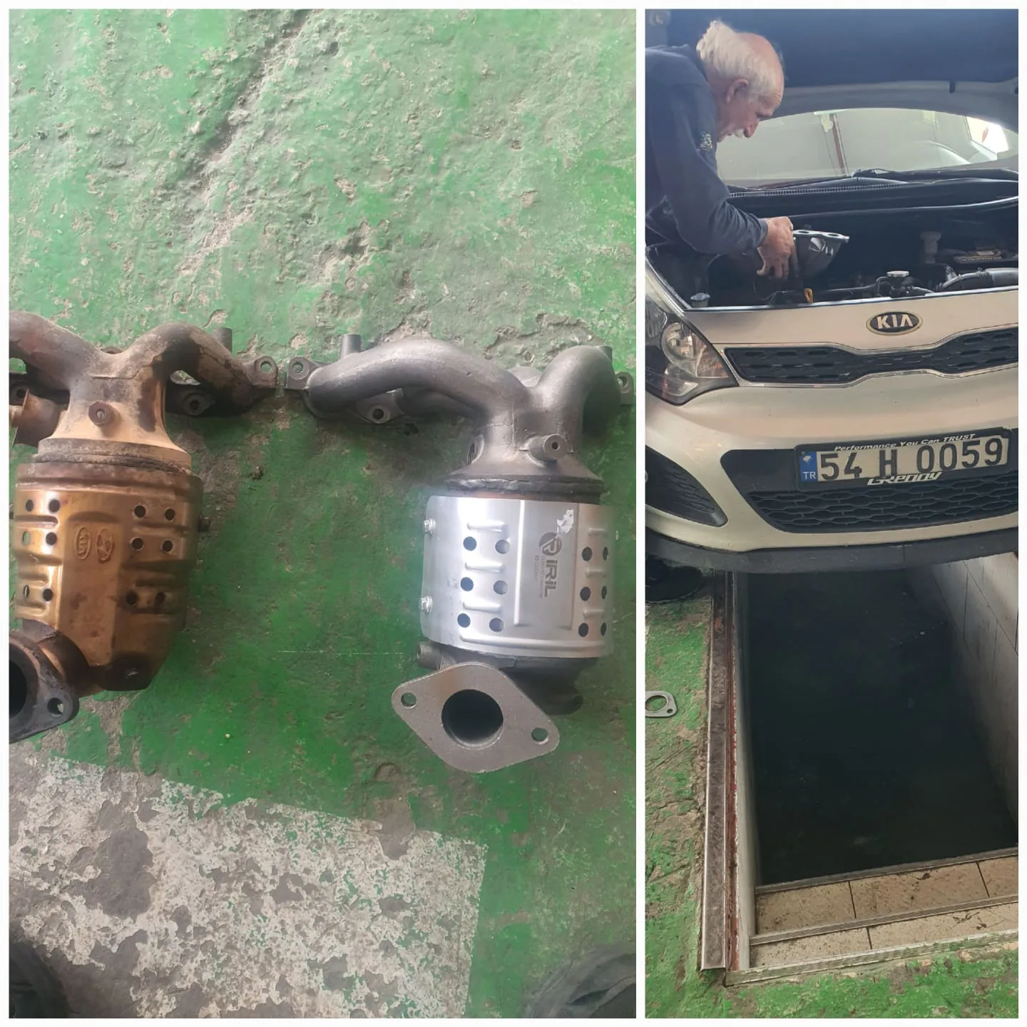 Motor bölümü yanında egzoz bileşeni ve parçanın yakın görünümü