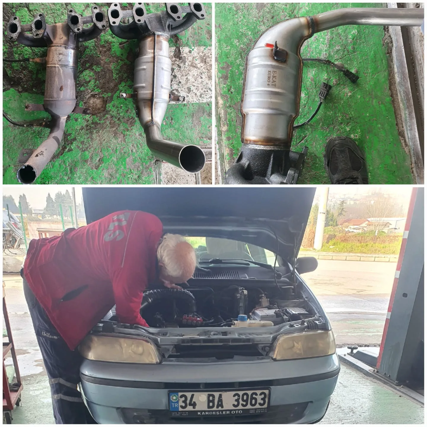 Açık motor bölümü yanında çalışan kişi ve egzoz parçaları