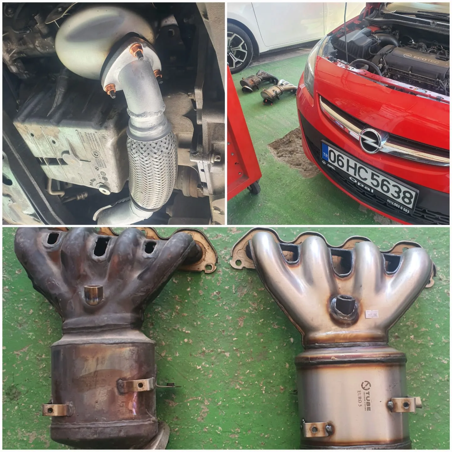 Kırmızı aracın açık motor bölümü ve egzoz bileşenlerinin karşılaştırması
