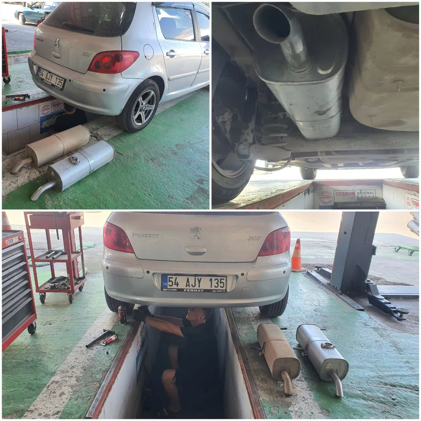 Açık renk sedan aracın farklı açılardan görünümü ve susturucular