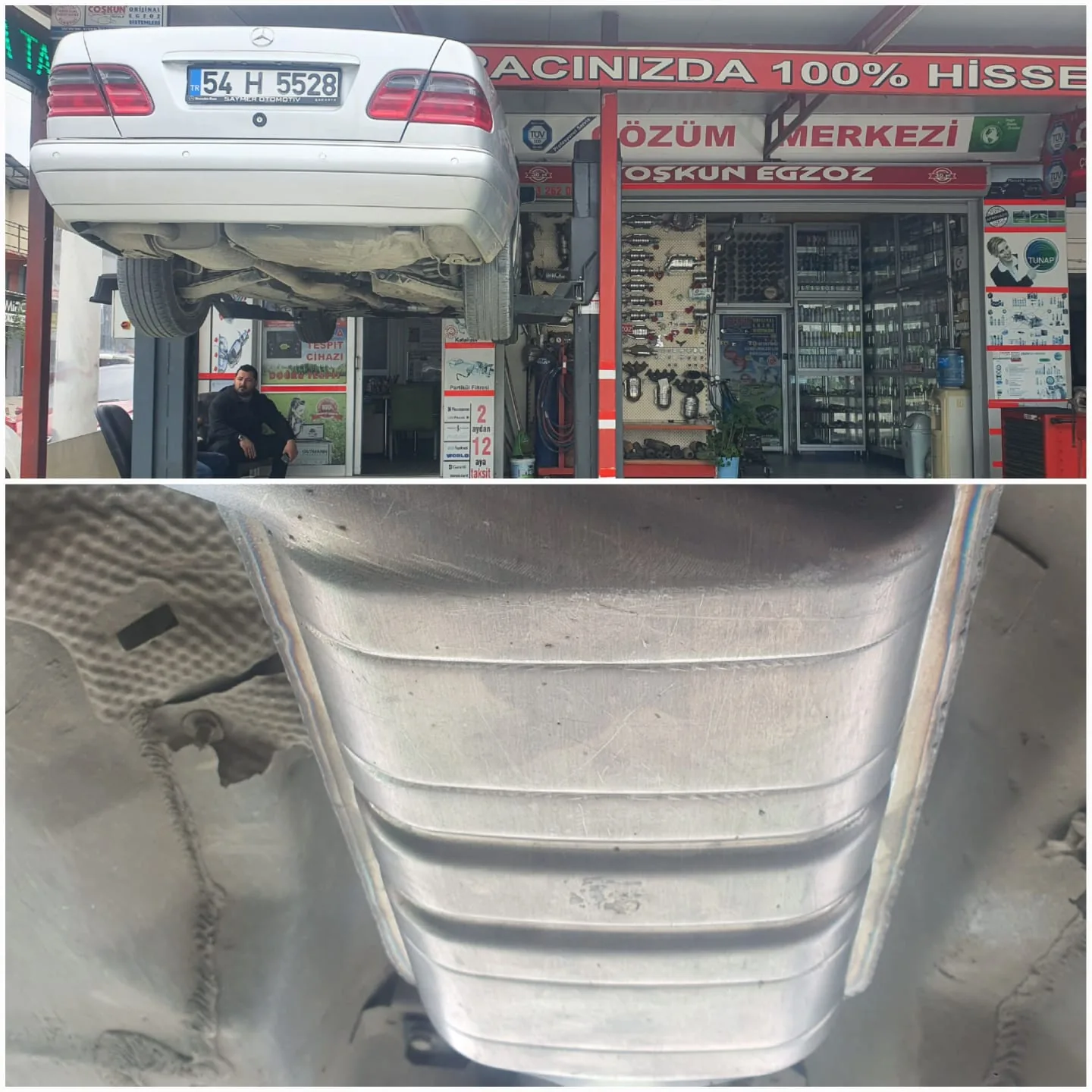 Beyaz aracın arka tarafından ve araç altındaki susturucudan kareler