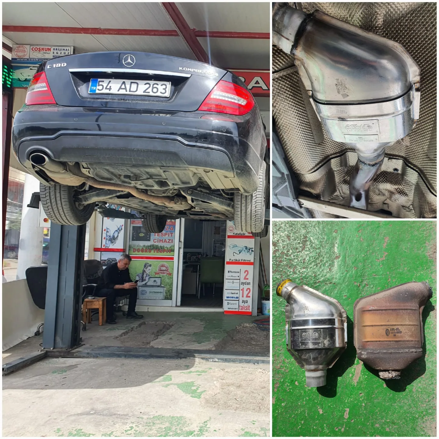 Koyu renk sedan araç, egzoz boruları ve araç altı sistemi