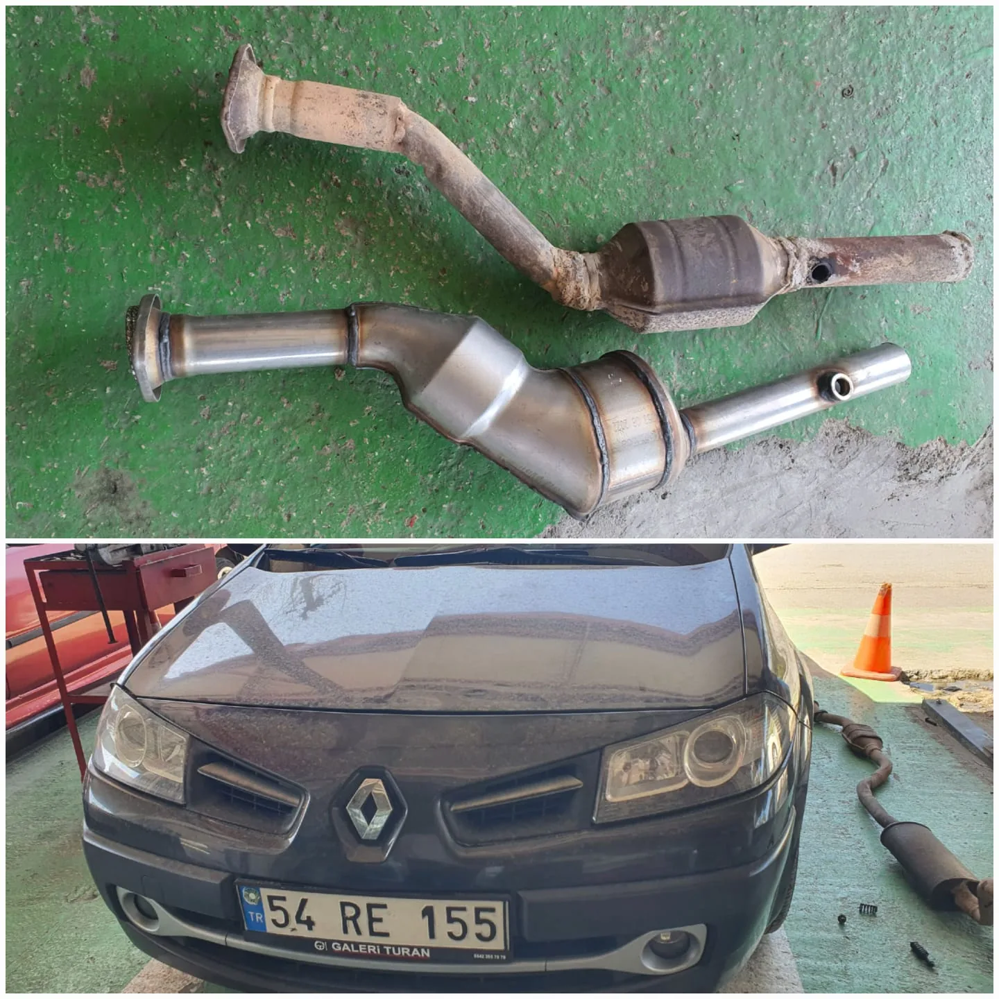Aracın ön görünümü ve iki egzoz borusu ile bağlantıları