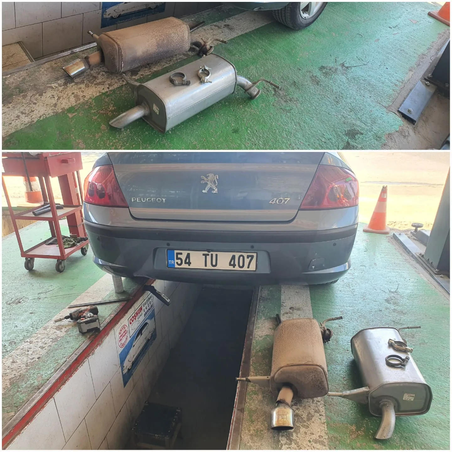 Sedan aracın arka görünümü ve farklı susturucuların yakın planı